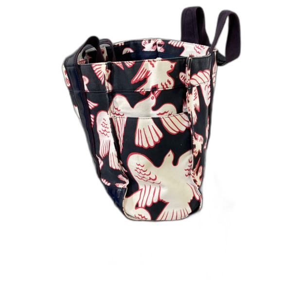 Tory Burch Purse Tote shopper Bag Birds Logo, Canvas & Patten Leather blk/navy - Picture 1 of 10